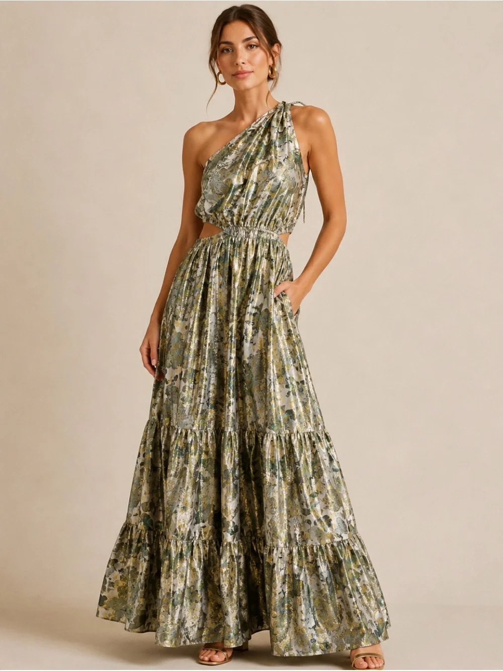 NWT J.Crew Collection Metallic Silk Floral Maxi Dress Size 12 Gold Green